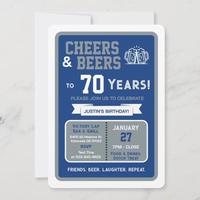 Invitation Sports Bar Birthday Cheers and Beers to 70 Years (Devant)