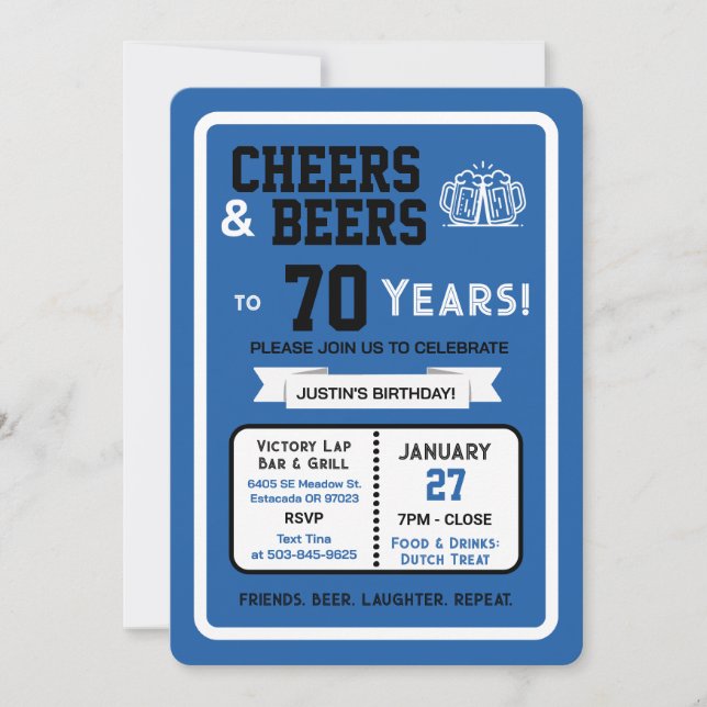 Invitation Sports Bar Birthday Cheers and Beers to 70 Years  (Devant)