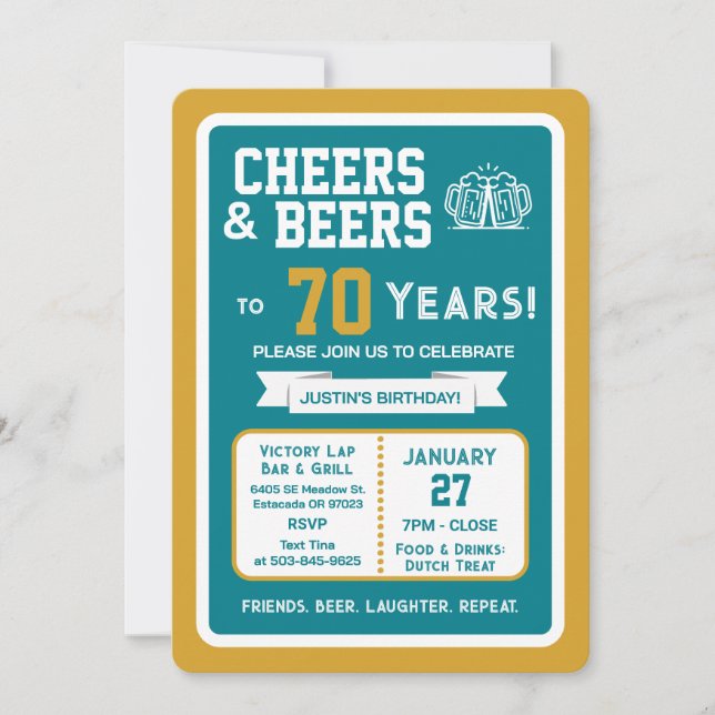 Invitation Sports Bar Birthday Cheers and Beers to 70 Years  (Devant)