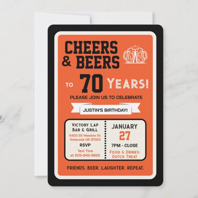 Invitation Sports Bar Birthday Cheers and Beers to 70 Years  (Devant)