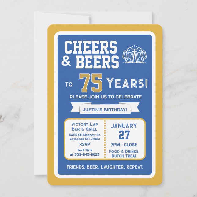 Invitation Sports Bar Birthday Cheers and Beers to 75 Years  (Devant)