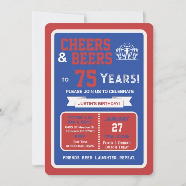 Invitation Sports Bar Birthday Cheers and Beers to 75 Years  (Devant)