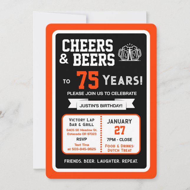 Invitation Sports Bar Birthday Cheers and Beers to 75 Years  (Devant)