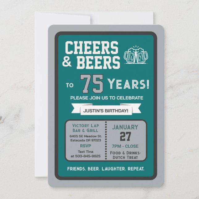 Invitation Sports Bar Birthday Cheers and Beers to 75 Years  (Devant)