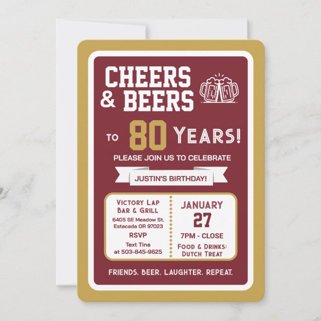 Invitation Sports Bar Birthday Cheers and Beers to 80 Years  (Devant)