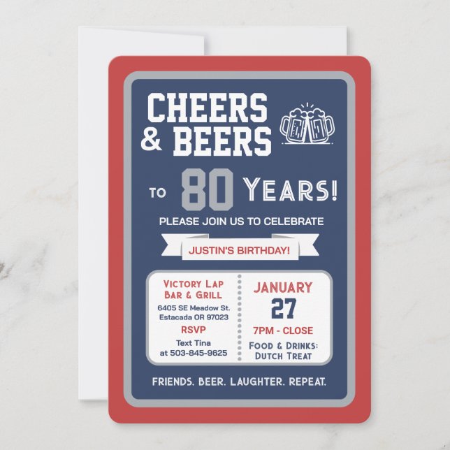 Invitation Sports Bar Birthday Cheers and Beers to 80 Years  (Devant)
