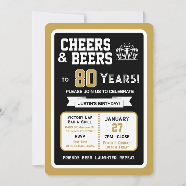 Invitation Sports Bar Birthday Cheers and Beers to 80 Years  (Devant)