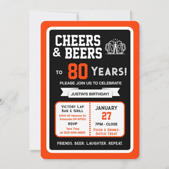 Invitation Sports Bar Birthday Cheers and Beers to 80 Years  (Devant)