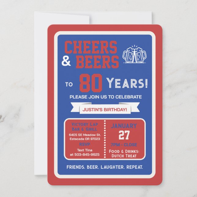 Invitation Sports Bar Birthday Cheers and Beers to 80 Years  (Devant)