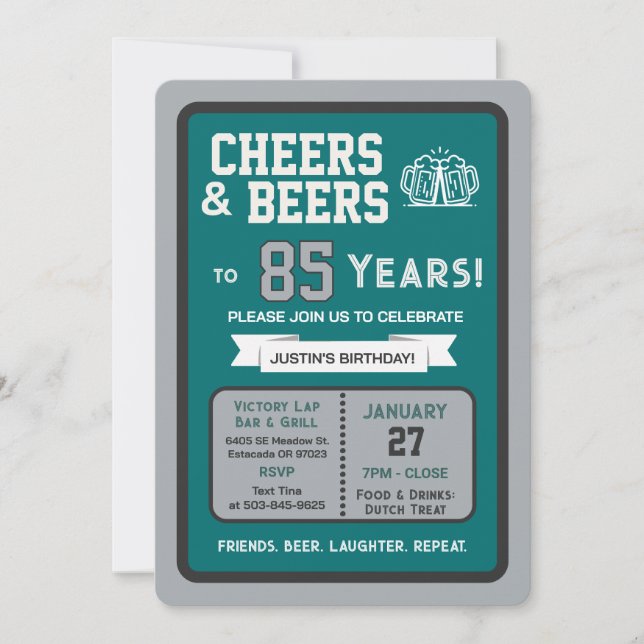 Invitation Sports Bar Birthday Cheers and Beers to 85 Years  (Devant)