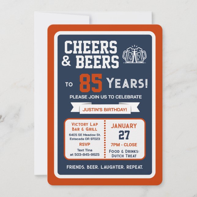 Invitation Sports Bar Birthday Cheers and Beers to 85 Years (Devant)