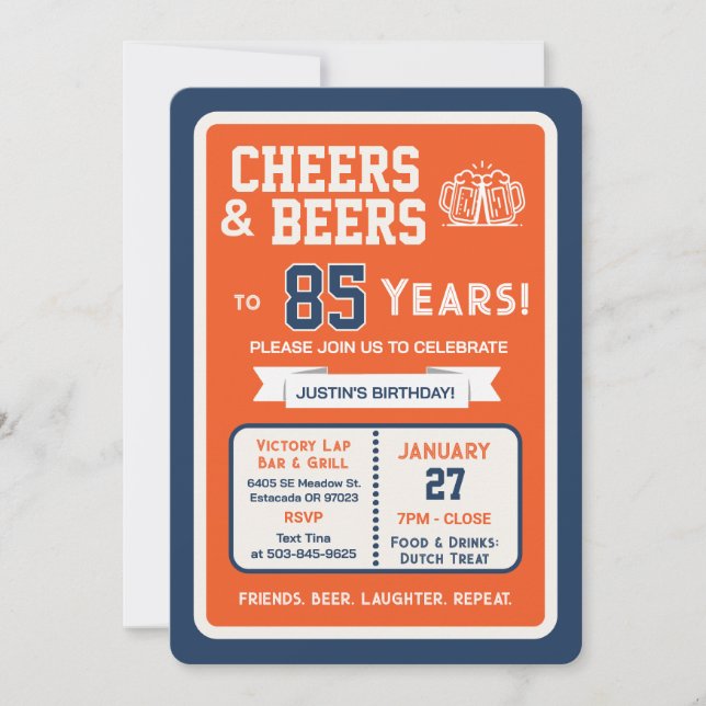 Invitation Sports Bar Birthday Cheers and Beers to 85 Years (Devant)