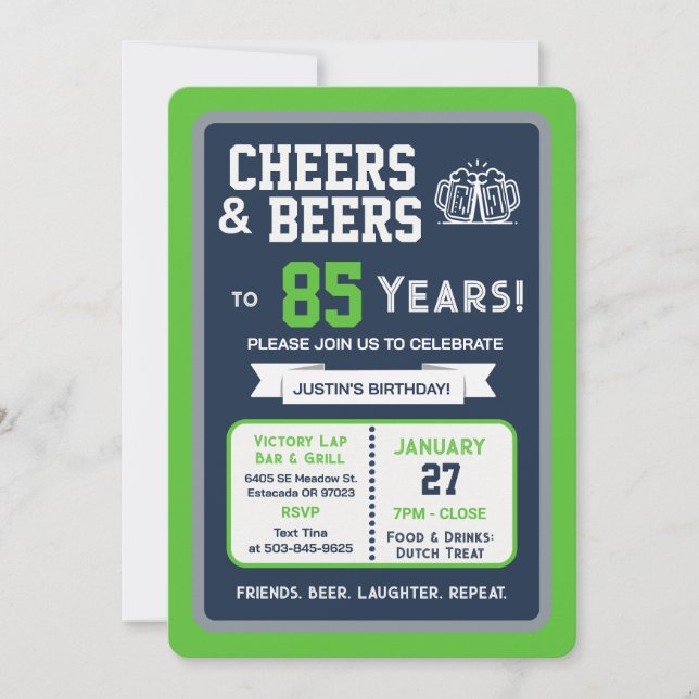 Invitation Sports Bar Birthday Cheers and Beers to 85 Years (Devant)
