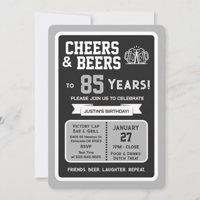 Invitation Sports Bar Birthday Cheers and Beers to 85 Years (Devant)