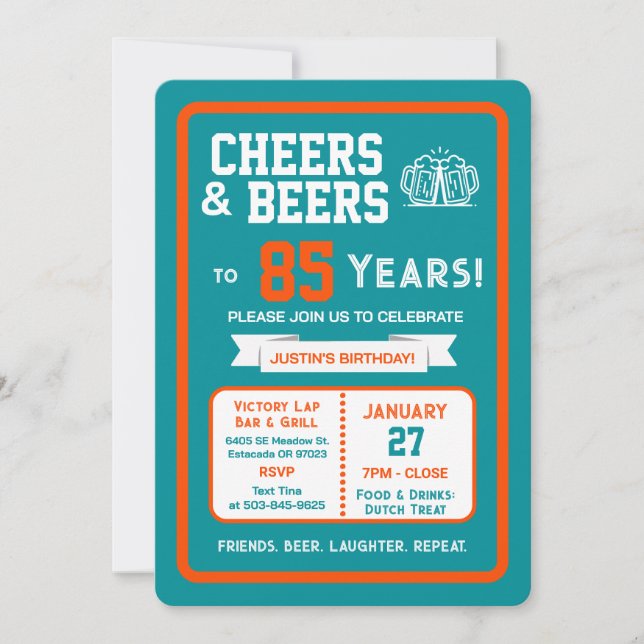 Invitation Sports Bar Birthday Cheers and Beers to 85 Years (Devant)