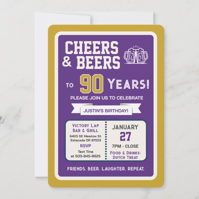 Invitation Sports Bar Birthday Cheers and Beers to 90 Years (Devant)