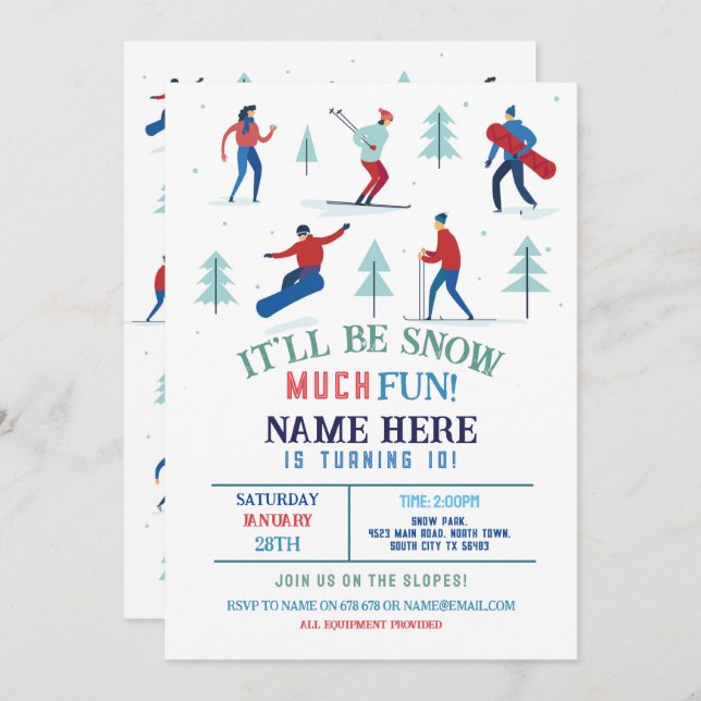 Invitation Sports d'hiver Fête d'anniversaire Ski Snowboard (Devant / Derrière)