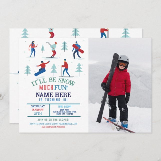 Invitation Sports d'hiver Fête d'anniversaire Ski Snowboard P (Devant / Derrière)