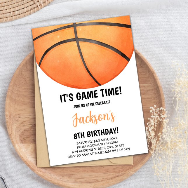 Invitation Sporty Orange Court Thème pour enfants (Half watercolor Basketball Invitations)