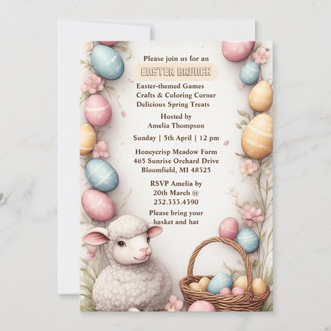 Invitation Spring Basket Eggs Wreath Watercolor Easter Lamb (Devant)
