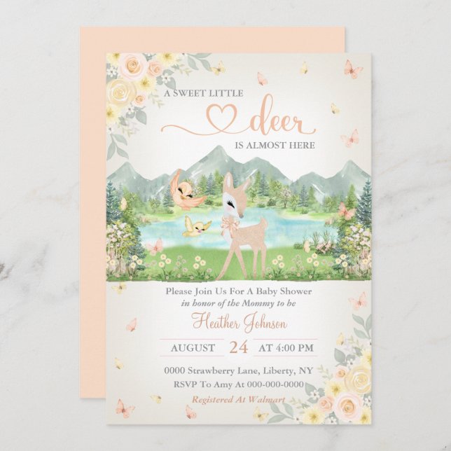 Invitation Spring Bloom and Butterflies Deer Baby Shower  (Devant / Derrière)