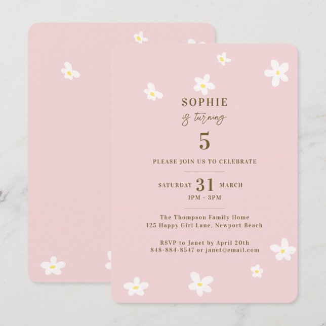 Invitation Spring Blush White Daisies Fille fête d'anniversai (Devant / Derrière)