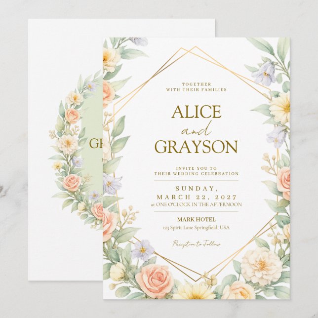 Invitation Spring Boho Colorfull Floral Watercolor Wedding (Devant / Derrière)