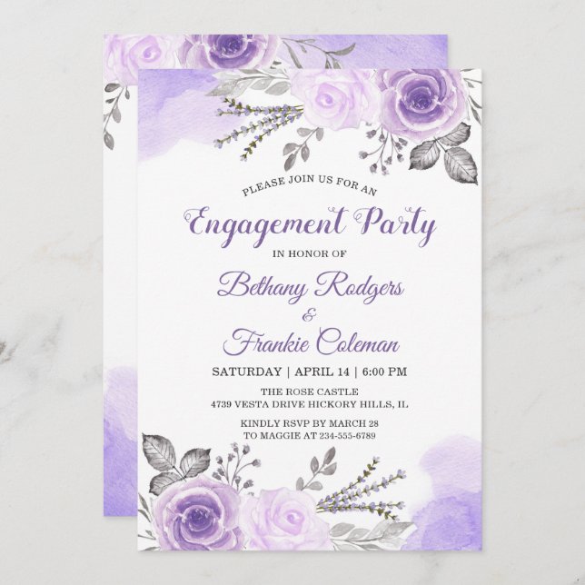 Invitation Spring Chic Pastel Fleurs violettes Partie d'engag (Devant / Derrière)