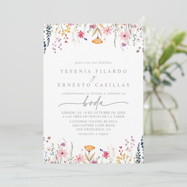 Invitation Spring Colorful Wildflower Spanish Wedding (Debout devant)
