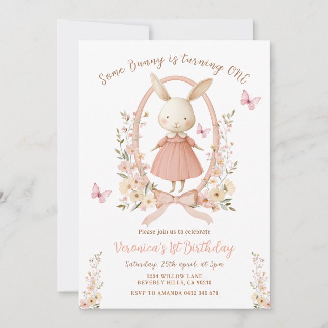 Invitation Spring Cute Floral Bunny Rabbit 1st Birthday  (Devant)