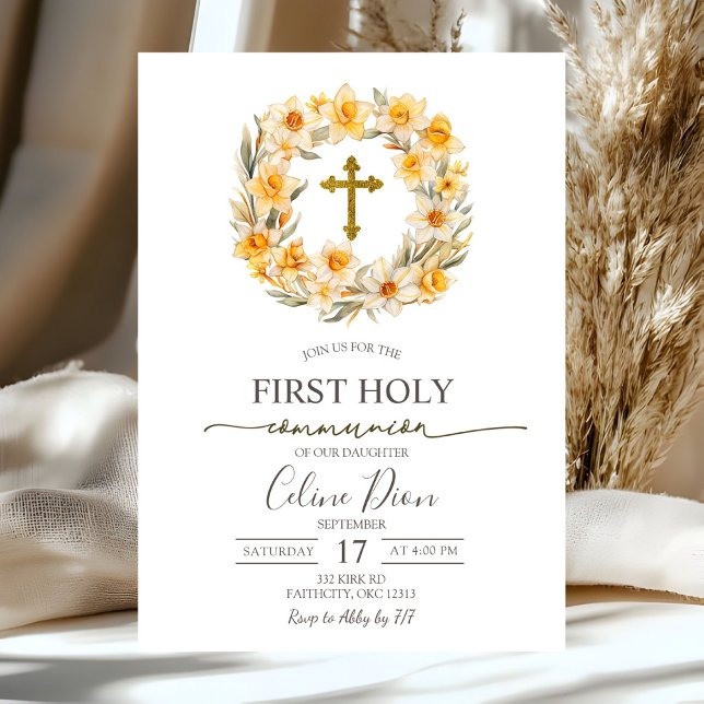 Invitation Spring Floral Daffodil Wreath 1st Holy Communion (Créateur téléchargé)