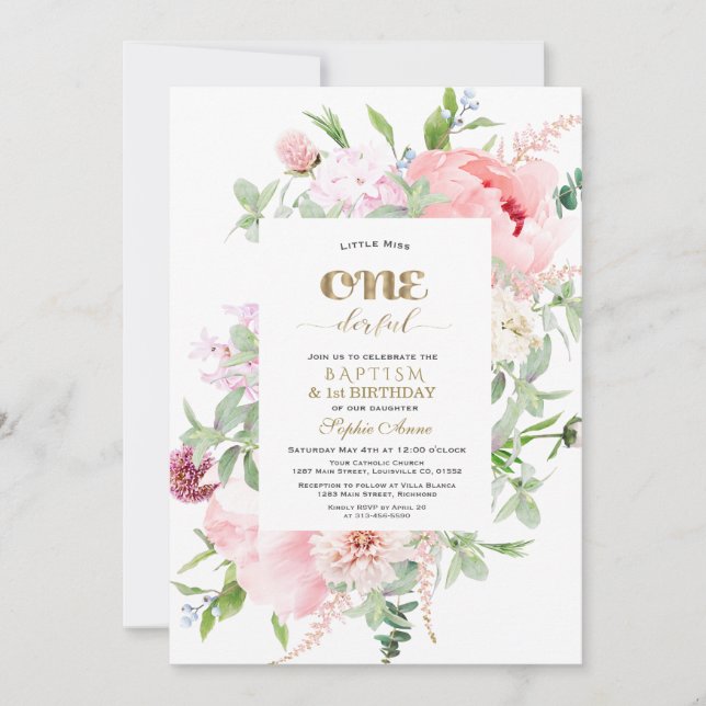 Invitation Spring Flowers Bloom First Birthday & Baptism (Devant)