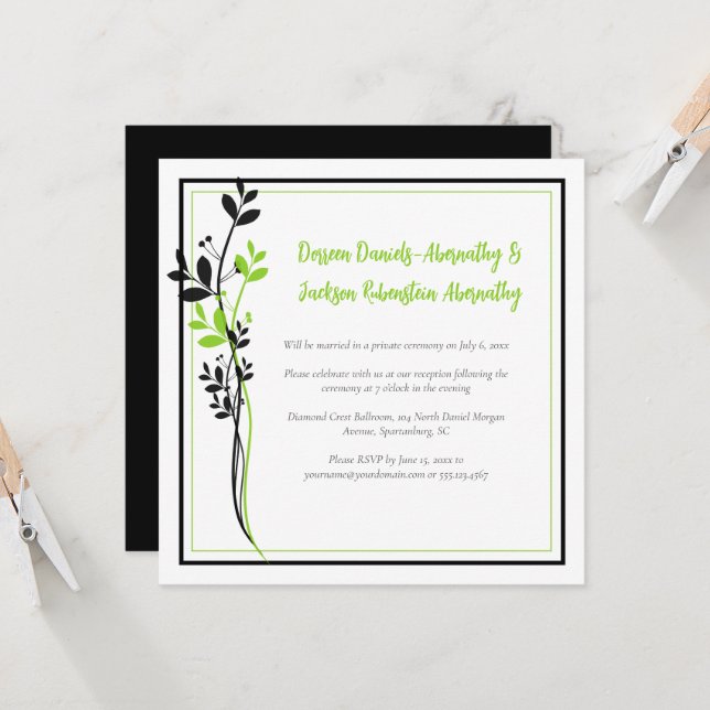 Invitation Spring Green and Black Floral Reception Only | (Devant/Arrière en situation)
