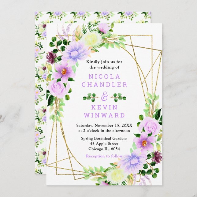 Invitation Spring Purple Flowers with Foliage Wedding (Devant / Derrière)