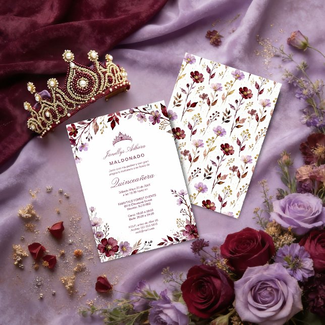 Invitation Spring Purple-Toned Botanical Branches Tiara XVs (Stylish Spring Botanical Purple-Toned Exquisite Branches Quinceañera Invitation Cards.)