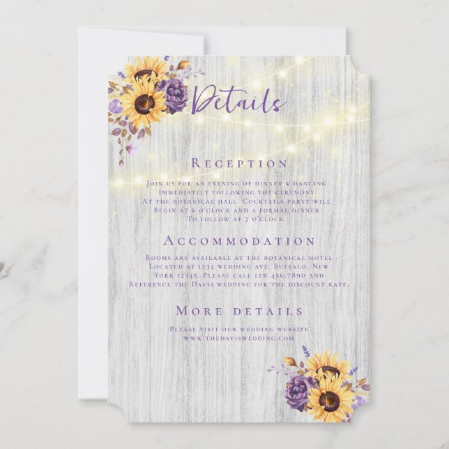 Invitation Spring Sunflower Purple Peony Détails du Mariage (Devant)
