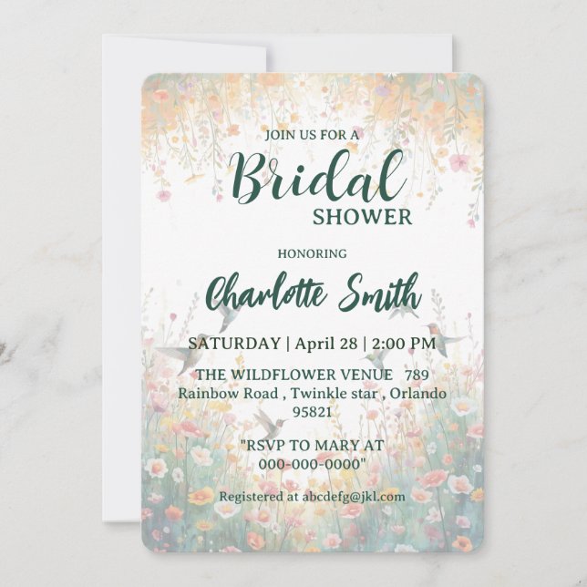Invitation Spring Watercolor Birds Floral Monogram Wildflower (Devant)