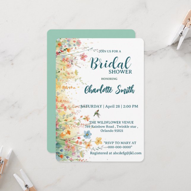 Invitation Spring Watercolor Birds Floral Monogram Wildflower (Devant/Arrière en situation)