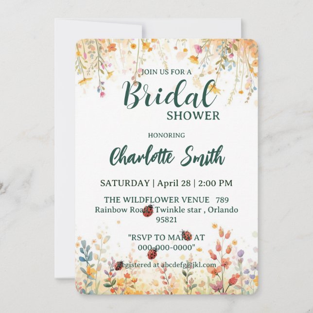Invitation Spring Watercolor ladybug Floral Wildflower Name (Devant)