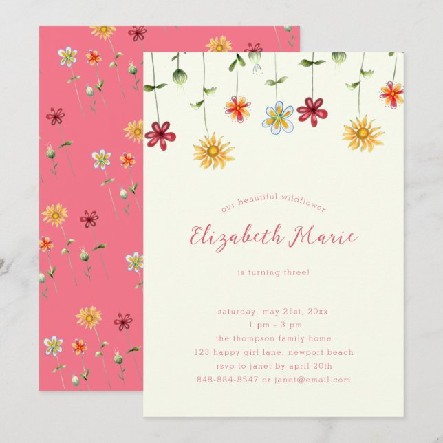 Invitation Spring Whimsical Fleur sauvage Hot rose Girl Anniv (Devant / Derrière)