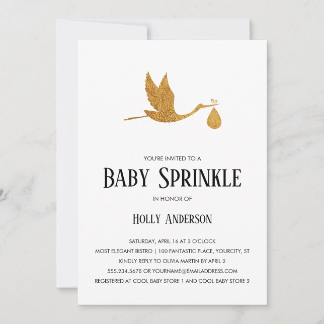 Invitation Sprinkle simple bébé Faux Gold Foil Stork w Bundle (Devant)