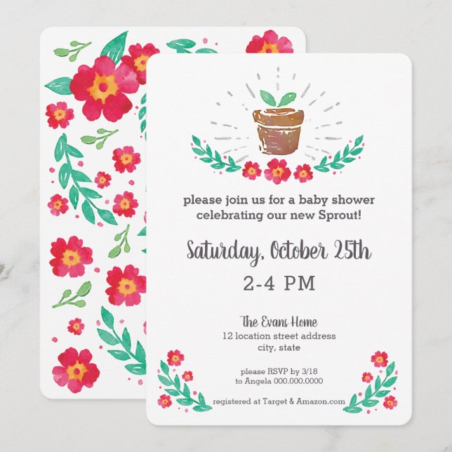 Invitation Sprout Plante Baby shower Jardin Pot Aquarelle (Devant / Derrière)