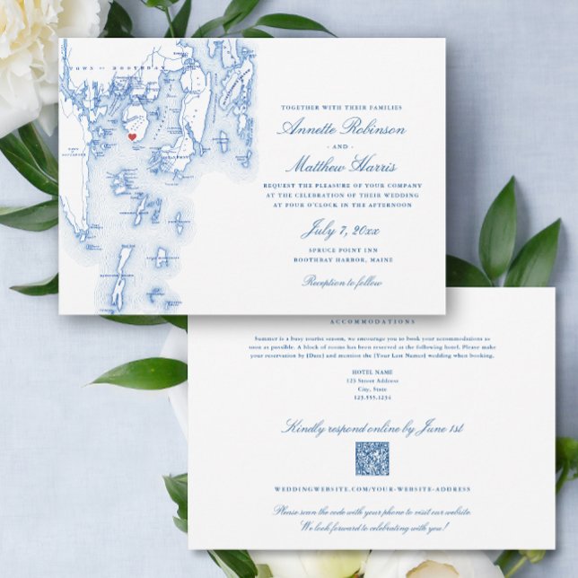 Invitation Spruce Point Inn code QR tout-en-un Mariage RSVP (Spruce Point Maine Elegant QR Code RSVP all-in-one wedding invitation with elegant navy blue map)