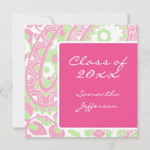 Invitation Sqare Pink Green Paisley Graduation/Fête