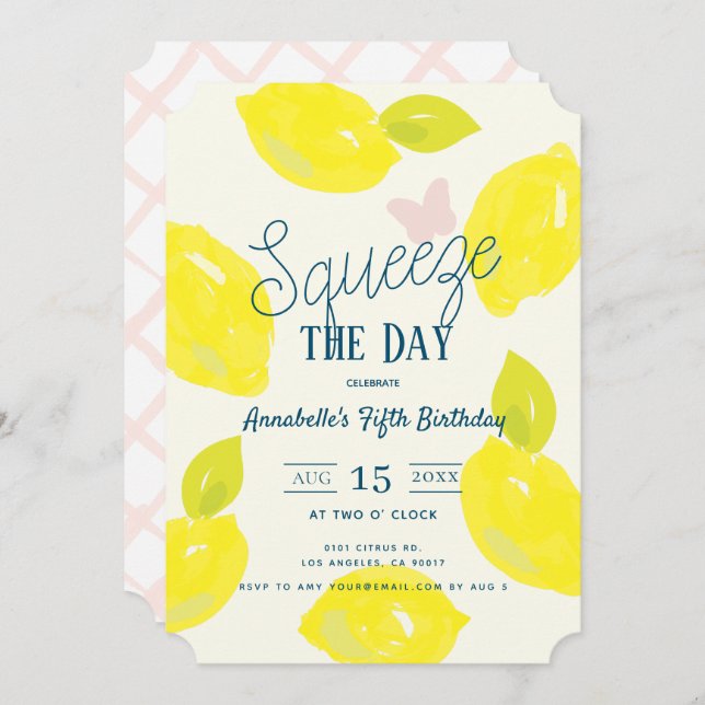 Invitation Squeeze Day Citron Citrus Girl Birthday (Devant / Derrière)