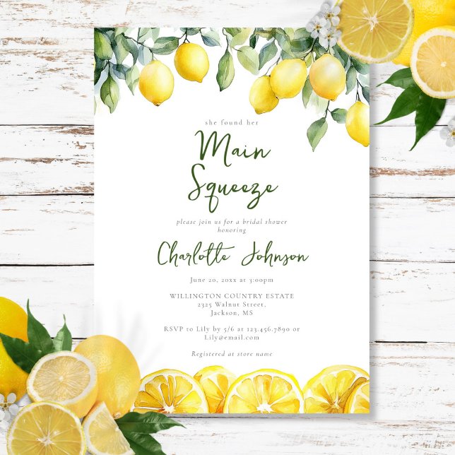 Invitation Squeeze principal Aquarelle moderne Fête des marié (Main Squeeze Modern Watercolor Lemon Bridal Shower Invitation)