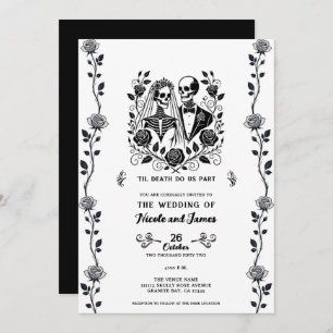 Invitation Squelette blanc noir Rose Floral Mariage de la vig