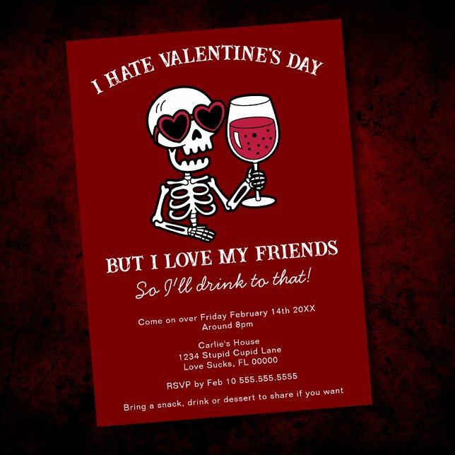 Invitation Squelette buvant du vin rouge Je déteste la Saint- (Créateur téléchargé)