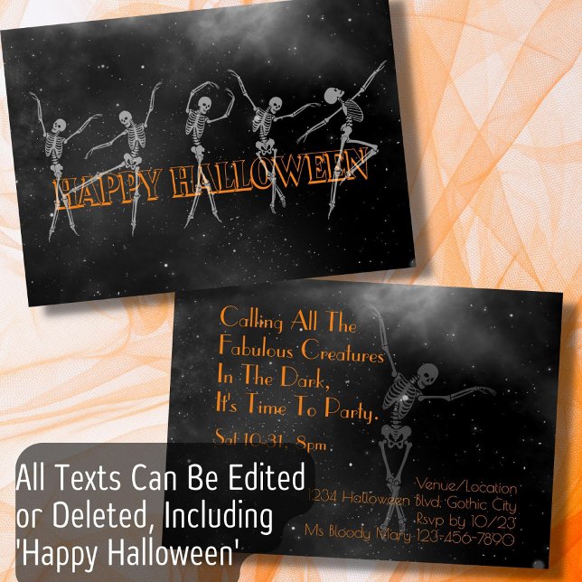 Invitation Squelette dansant Halloween Party noir et orange (Créateur téléchargé)