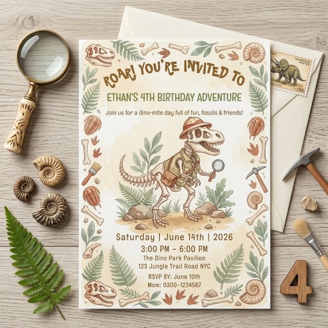 Invitation Squelette de dinosaure Paléontologue Garçon 4e ann (Créateur téléchargé)